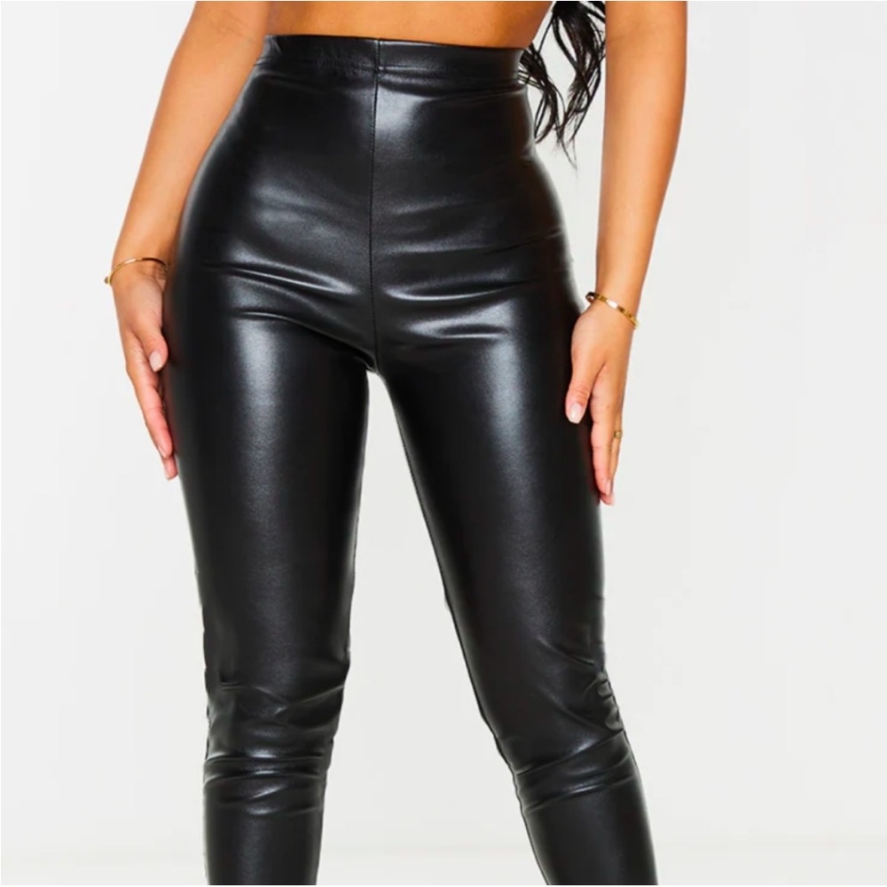Pretty Little Things Sleek Black Faux Leather Pants. Slit in the bottom. Size 8 - Picture 3 of 7